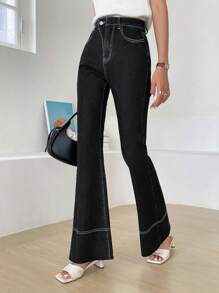 DAZY Top-stitching Flare Leg Jeans - Black - View 5