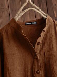 EMERY ROSE 半排扣高低下擺口袋貼布長款襯衫 - 鏽棕色 - 查看 4