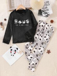 男大童刺繡貓熊&標語圖案絨布睡衣套裝 - 黑色 - 查看 1