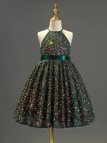 SHEIN 女大童亮片裝飾繞頸洋裝 - 墨綠色 - 查看 1