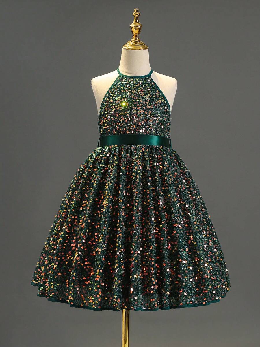 SHEIN 女大童亮片裝飾繞頸洋裝 - 墨綠色 - 查看 1