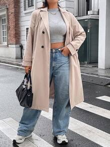 Flirla Plus Lapel Neck Double Breasted Belted Trench Coat - Apricot - View 1