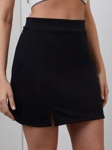 SHEIN SAIA CURTA PRETA FENDA LATERAL  BASICA FEMININA - Preto - Visão 1