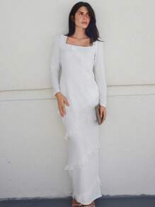 SHEIN Privé 方領流蘇邊緊身洋裝 - 白色 - 查看 3