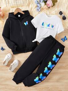 SHEIN Tween Girl Reflective Butterfly Print Hooded Jacket & Sweatpants & Tee - Black - View 1