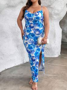 SHEIN Privé Plus Floral Print Split Thigh Cami Dress - Black - View 2