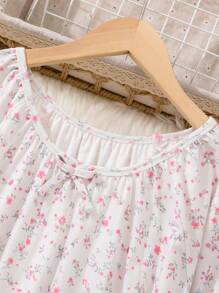女大童碎花荷葉袖前蝴蝶結睡裙 - 淺粉色 - 查看 5