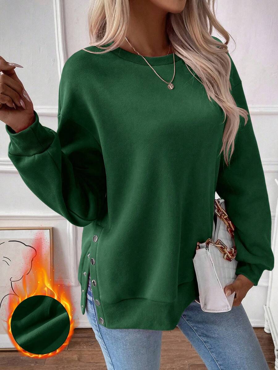 EMERY ROSE Sudadera de hombros caídos bajo con abertura - Verde Oscuro - Ver 1