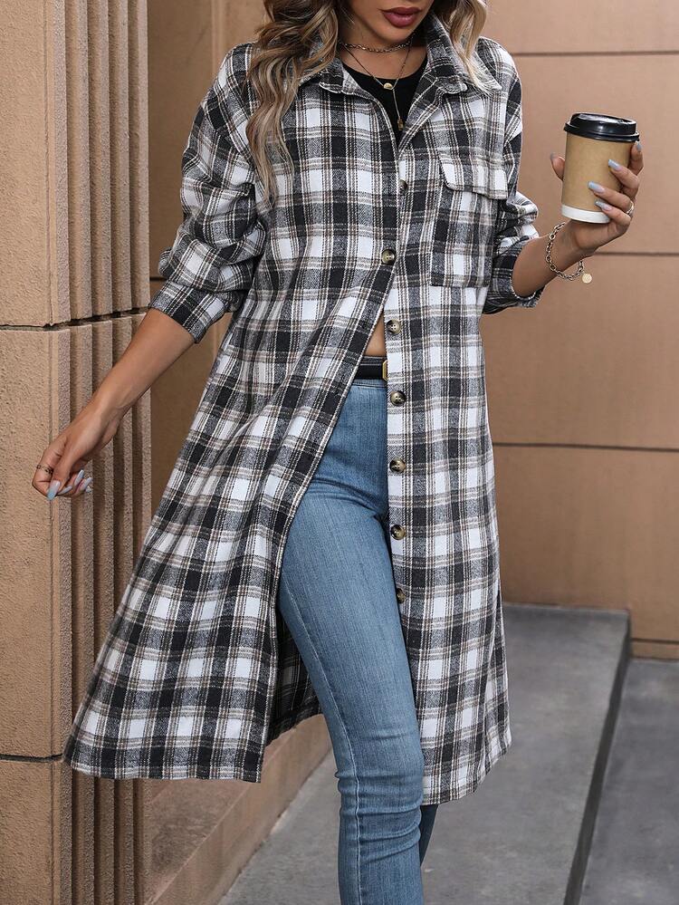 Plaid Print Drop Shoulder Flap Pocket Button Front Coat Fall Cloth For Women
