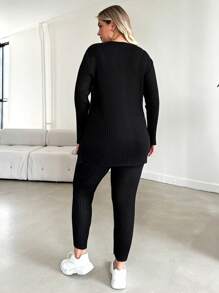 RueChic Plus Solid Split Hem Ribbed Knit Tee & Leggings - Black - View 3