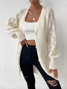 SHEIN Essnce Pointelle Knit Lantern Sleeve Button Front Cardigan - Beige - View 5