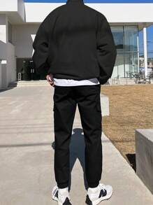 Aesthetic Post--Men Letter Graphic Half Zip Drop Shoulder Loose Sweatshirt Without Tee - Black - View 2