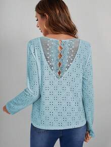 SHEIN Frenchy Guipure Lace Insert Button Back Tee - Baby Blue - View 2