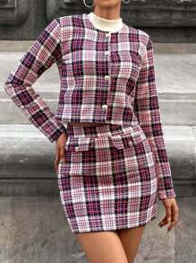 EURMUSE Plaid Print Crop Jacket & Skirt - Multicolor - View 3