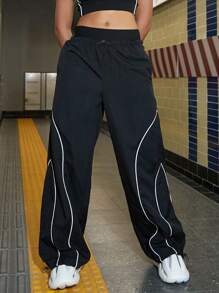 Hip Hop Contrast Piping Parachute Trousers - Black - View 1