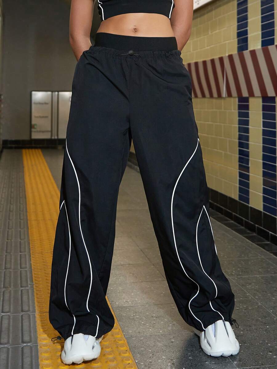 Hip Hop Contrast Piping Parachute Trousers - Black - View 1