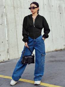 SHEIN Cottnline Chaqueta Con Capucha Y Cremallera Para Mujer - Negro - Ver 3