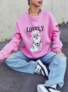 SHEIN Cottnline Dog & Letter Graphic Drop Shoulder Sweatshirt - Pink - View 1