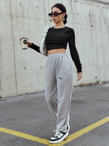 RueChic Pantalon De Survêtement À Broderie Lettre À Poche Taille Élastique - Gris pâle - Voir 5