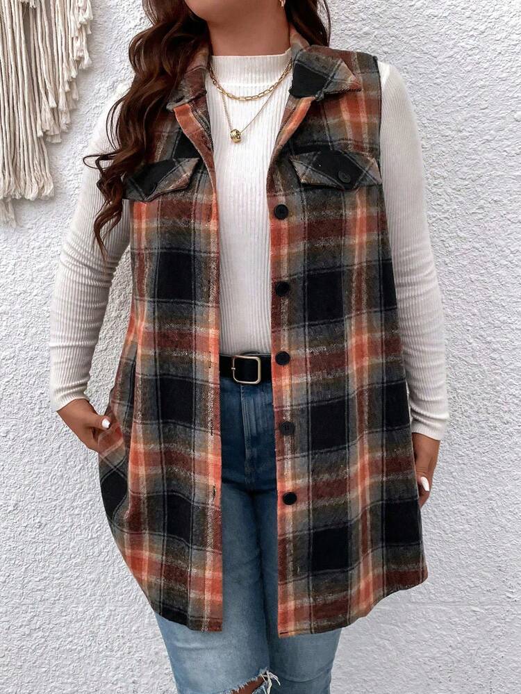 Plus Plaid Print Flap Detail Sleeveless Coat, For Winter