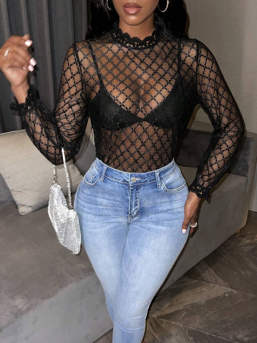 Zolique Mock Neck Flounce Sleeve Lace Blouse Without Bra - Black - View 1