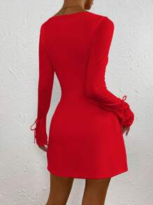 Chiquease Sweetheart Neck Knot Cuff Split Hem Bodycon Dress - Red - View 2