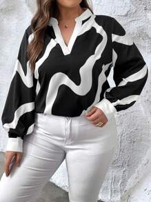 SHEIN Privé Plus Wave Striped Notched Neckline Lantern Sleeve Blouse