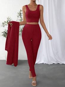SHEIN Essnce Top tank crop unicolor & Leggings & Abrigo con parte delantera abierta - Burdeos - Ver 6