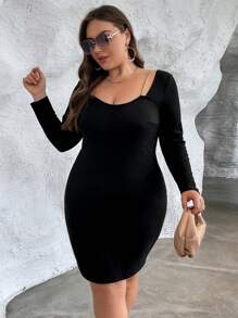 SHEIN Privé Plus Chain Detail Bodycon Dress - Black - View 5