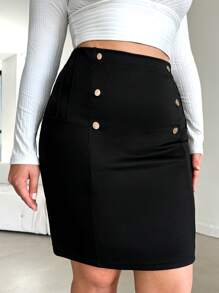 RueChic Plus Button Detail Bodycon Skirt - Black - View 3
