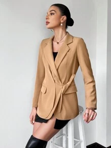 SHEIN Privé Lapel Neck Knot Side Wrap Blazer - Khaki - View 2