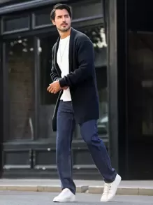 Manfinity Homme Men Solid Casual Design Cardigan, For Fall Winter, Grunge Style, Long Sleeve Top - Black - View 3