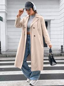 Flirla Plus Lapel Neck Double Breasted Belted Trench Coat - Apricot - View 6