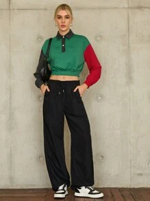 SHEIN Essnce 撞色落肩袖短款運動衫 - 彩色 - 查看 5