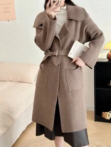 Solid Drop Shoulder Pocket Patched Cardigan - Camel - View 4