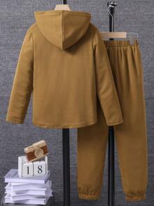 SHEIN Tween Boy Letter Patched Detail Hooded Jacket & Drawstring Waist Sweatpants Without Tee - Brown - View 2