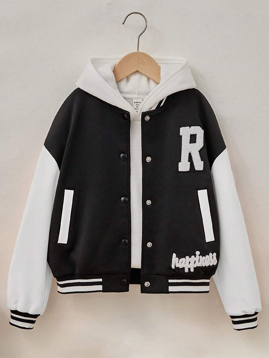 SHEIN Tween Girl Letter Graphic Two Tone Drop Shoulder Varsity Jacket Without Hoodie - Black and White - View 1