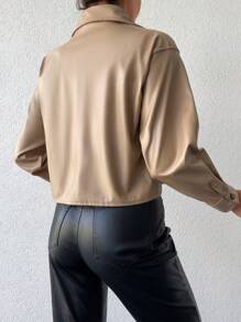 EURMUSE Drop Shoulder Pocket Patched PU Jacket - Beige - View 2