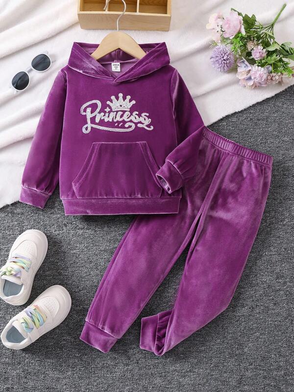 SHEIN Young Girl Crown & Letter Graphic Kangaroo Pocket Hoodie & Sweatpants