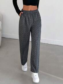 Chevron Print Elastic Waist Straight Leg Pants - Black - View 5