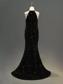 SHEIN Tween Girl Sequin Decor Floor Length Party Dress - Black - View 2