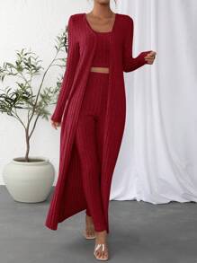 SHEIN Essnce Top tank crop unicolor & Leggings & Abrigo con parte delantera abierta - Burdeos - Ver 5