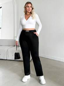 SHEIN Cottnline Kích thước lớn Thon gọn Quần skinny Quần Với Đường chéo Túi Và Chi tiết chuỗi - màu đen - Xem 4