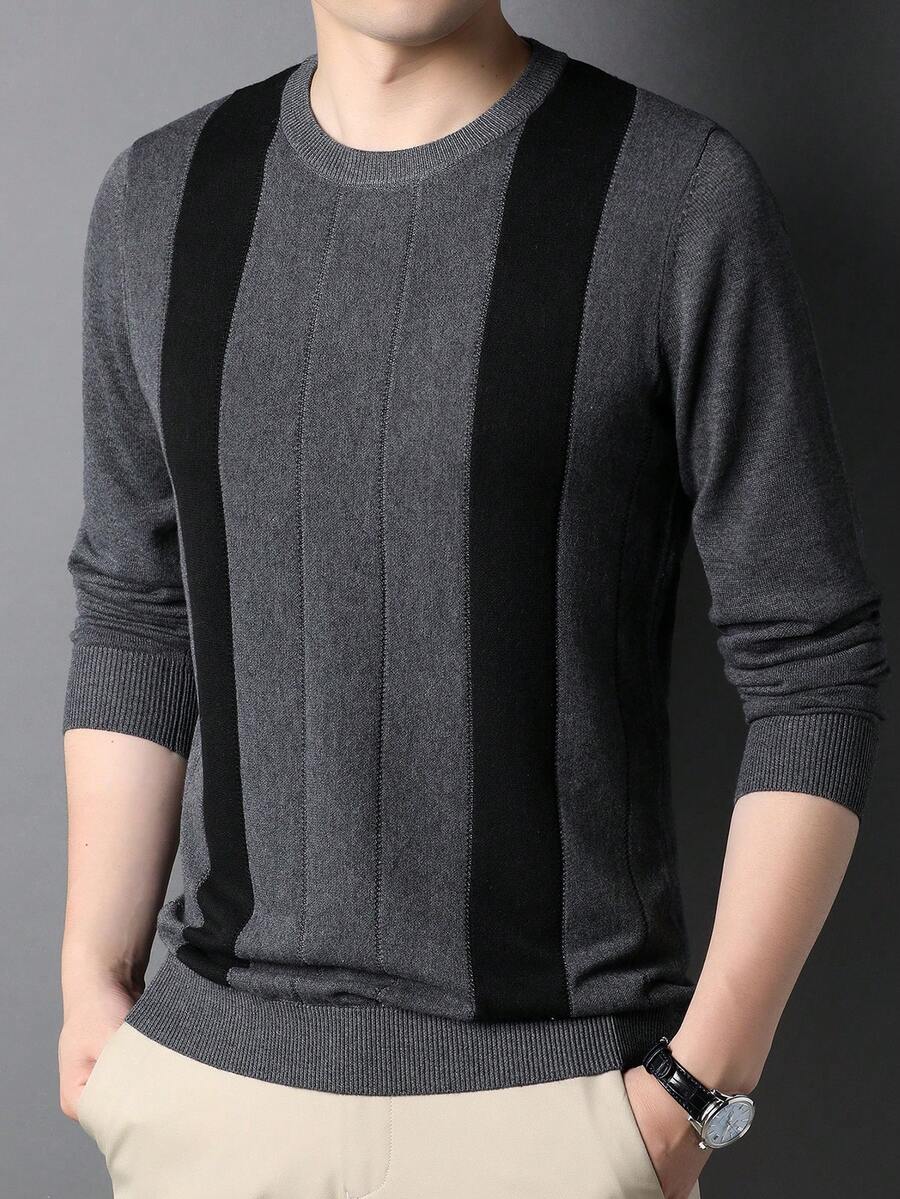 Men Color Block Sweater - Dark Grey - View 1