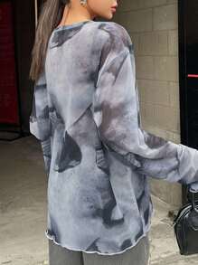 DAZY Tie Dye Drop Shoulder Mesh Top Without Bra Going Out Tops Sheer Long Sleeve Women Tops,Fall Women Clothes - Grey - View 2