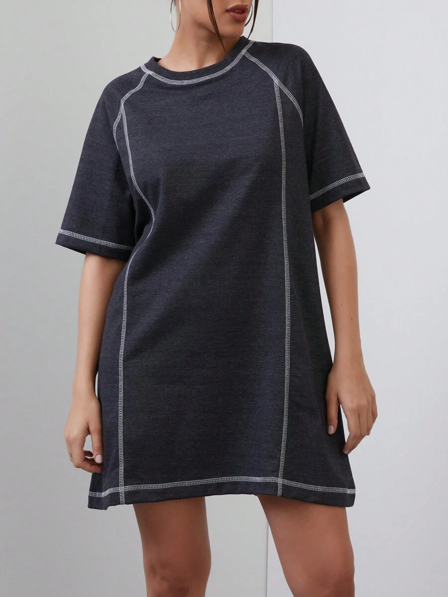 Shein女裝寬鬆短袍配對縫線休閒長裙 - 藍色 - 查看 1