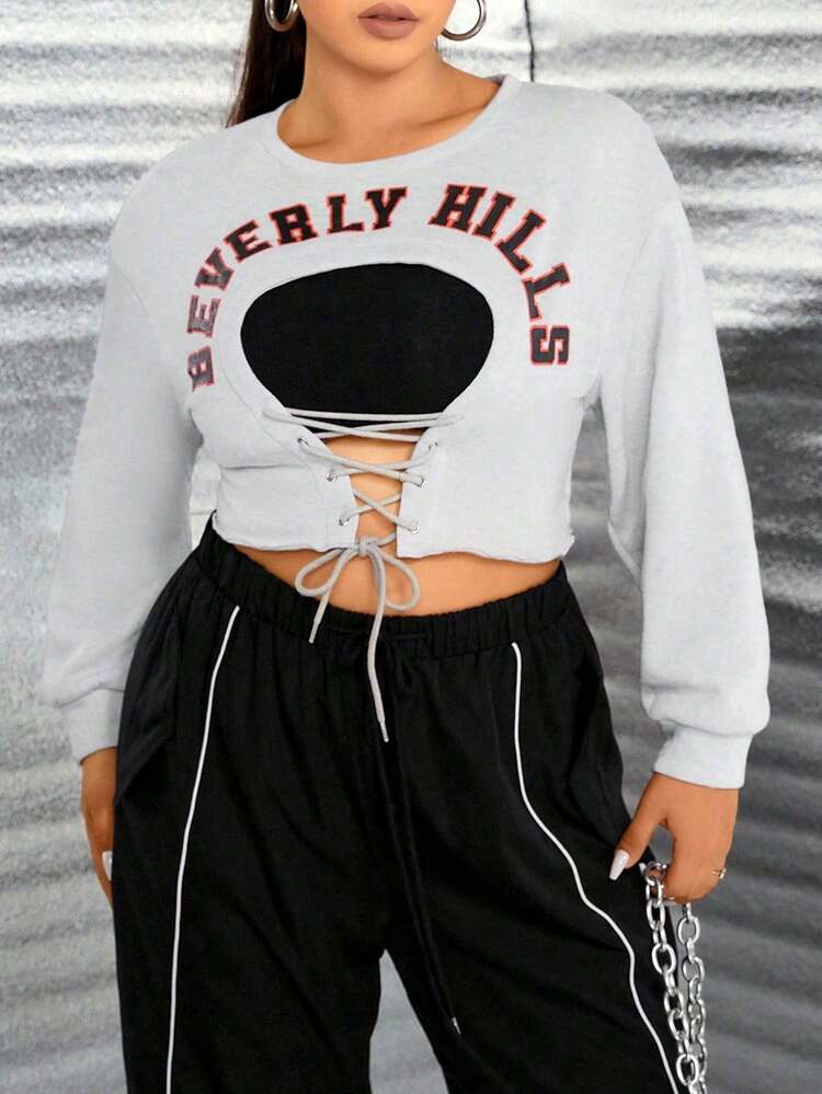Plus Letter Graphic Lace Up Front Drop Shoulder Crop Sweatshirt Pullover Fall Sweatshirt