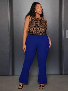 SHEIN CURVE+ Plus Flare Leg Pants - Blue - View 5