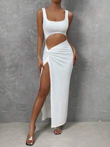 Chiquease Cut Out Twist Front Split Thigh Dress Maxi Women Outfit - White - View 5