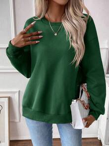 EMERY ROSE Sudadera de hombros caídos bajo con abertura - Verde Oscuro - Ver 6